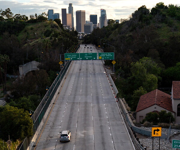 An empty Interstate 110 at rush hour in Los Angeles on April 10, 2020